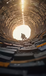 a man standing inside a tunnel made of many metal bars