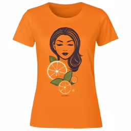 an orange woman with a face on her shirt
