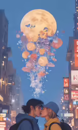 couple kissing in times square with moon above