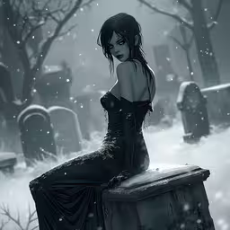a woman sitting on a bench in the snow,a woman sitting on a piece of metal near a graveyard