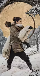 a woman holds an umbrella while standing in the snow