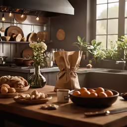 a kitchen counter with fresh fruit and croissants