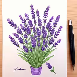 a watercolor illustration of some purple flowers,a purple flower vase with flowers and writing on it,a paper featuring a flower bouquet on a notepad,there are flowers that are in the vase,some purple flowers are in a planter