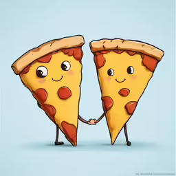 two pieces of pizza have eyes and hands on each side