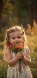 a little girl is holding some roses in her hand