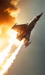 the jet is flying into the sky with a trail of smoke coming from it