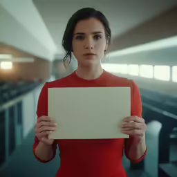 a woman in a red dress holding up a blank paper