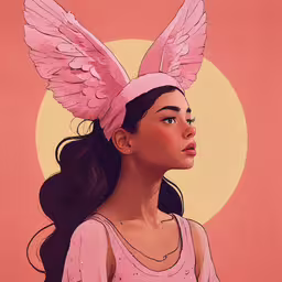 a painting of a girl wearing pink with large wings,an illustration of a girl with pink wings