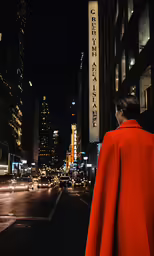 a woman wearing a red coat is standing in the street