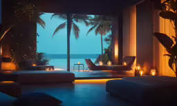 a room with some couches and tables overlooking the ocean