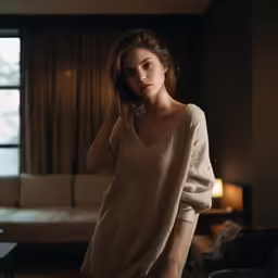 a women who is wearing a v - neck sweater