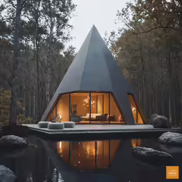 a building with a pyramid design, near a pond