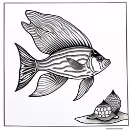 fish and an aquatic life life drawing with black ink,a black and white drawing of a fish and a fish,this is the picture of a fish and a plant,a fish is in the water and is very similar to a painting,a fish and another fish that are swimming