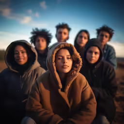 a group of young people are outside on a dirt field