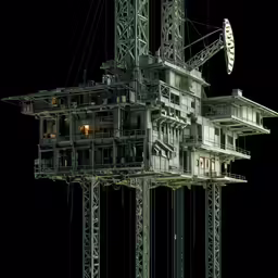 an animated clock tower with lights on and a dark background
