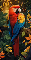 red and yellow macaw on branch with green leaves