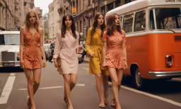 three women walk down the street in a dress