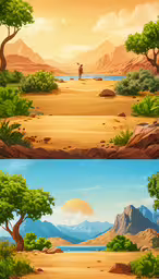two pictures depicting the landscape with a man in the distance,two landscape paintings of a desert with rocks, grass and mountains