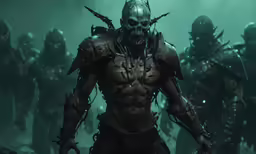 a demonic creature standing in a forest full of other monsters