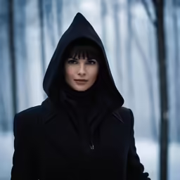 a woman wearing a hooded black coat in front of trees