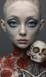 woman with face painted and skeleton skin holding skull