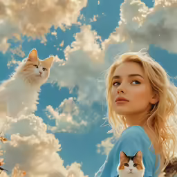 there is a woman with blonde hair and a cat under her head