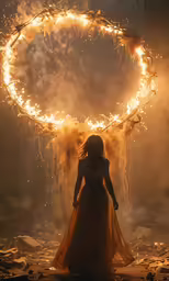 a woman in a long dress stands behind a circle made from bright fireworks