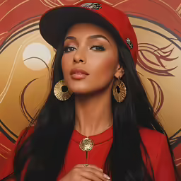 a woman with long hair in red is wearing large gold earrings and a hat