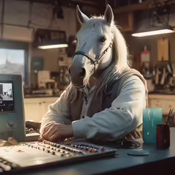 a man wearing a horse mask while using a laptop