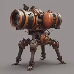 the robot dog is holding a large telescope