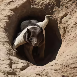 a large dog stands in a hole in the sand