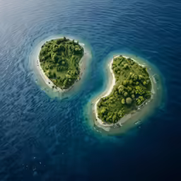 an aerial view of two small islands in the ocean