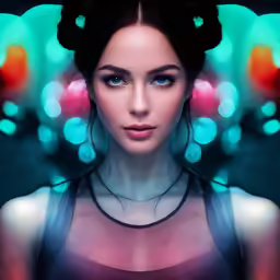 a woman wearing an elegant necklace stands in front of a digital wall