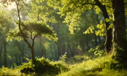 the sun shines through the trees and grass in the forest