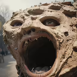 a person holding onto a scary sculpture of a monster head