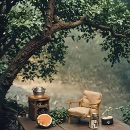 a chair, vase and watermelon are on a table
