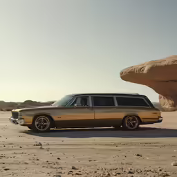 an old fashion station wagon sits in front of a giant rock