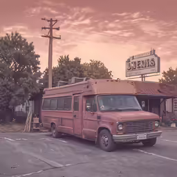 an old van is in the parking lot at an old store