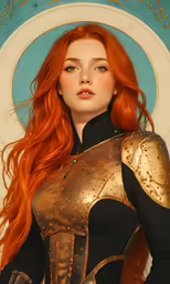 a woman with red hair and a leather armor is shown