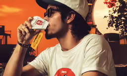 the man is drinking something in his mouth