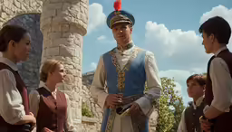 a man in renaissance clothing stands near other men