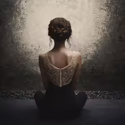woman seated on floor with back turned towards wall
