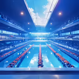 a large swimming pool with many empty seats