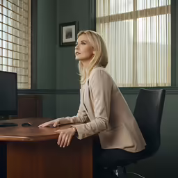 a woman sitting at a desk with her feet up