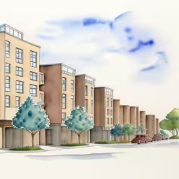 an apartment building with a car in the driveway,this is an artistic image of an apartment building with the street lined by trees and cars,an art drawing of a city block next to trees,some buildings some trees and cars on a road,a street scene with a row of large buildings