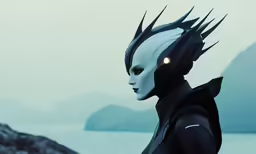 a person with horns in front of the water