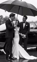 a bride and groom stand on the sidewalk under an umbrella
