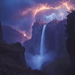 a waterfall in the distance against a cloudy background