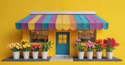 a brightly colored building with a number of flowers in pots