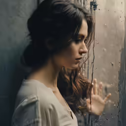 a woman is standing in front of a rain - covered window